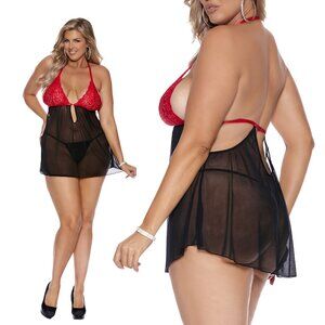 Elegant Moments Plus Size Red Lace Rhinestone Babydoll Set NWT